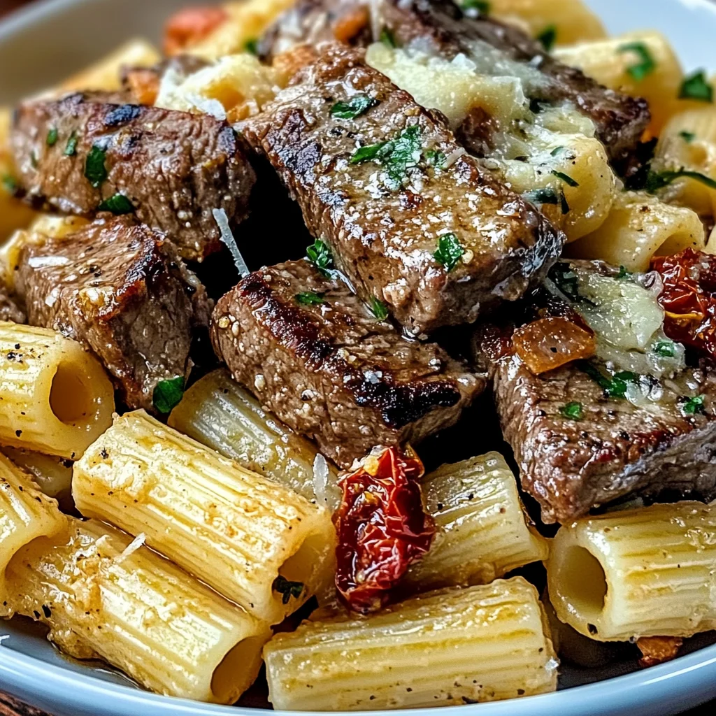 Garlic Butter Steak Tips with Cheesy Rigatoni