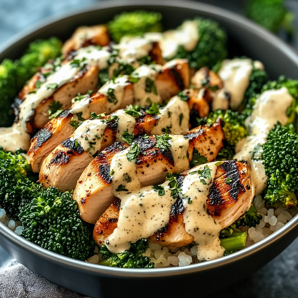 Grilled Chicken & Broccoli Bowls with Creamy Garlic Sauce