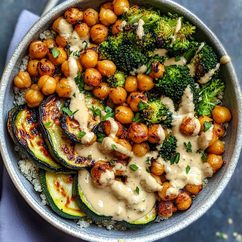 Roasted Veggie Chickpea Bowls with Maple Dijon Tahini Dressing