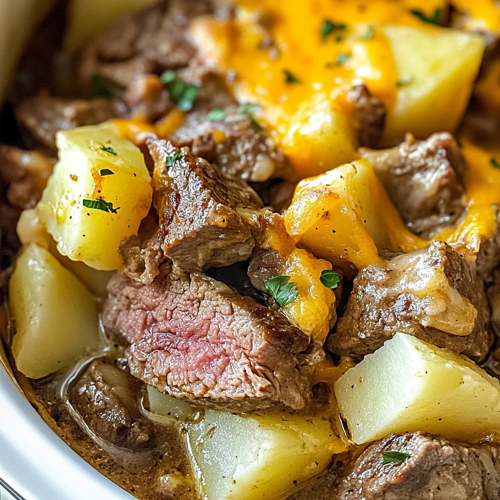 Slow Cooker Steak and Cheddar Potato Casserole