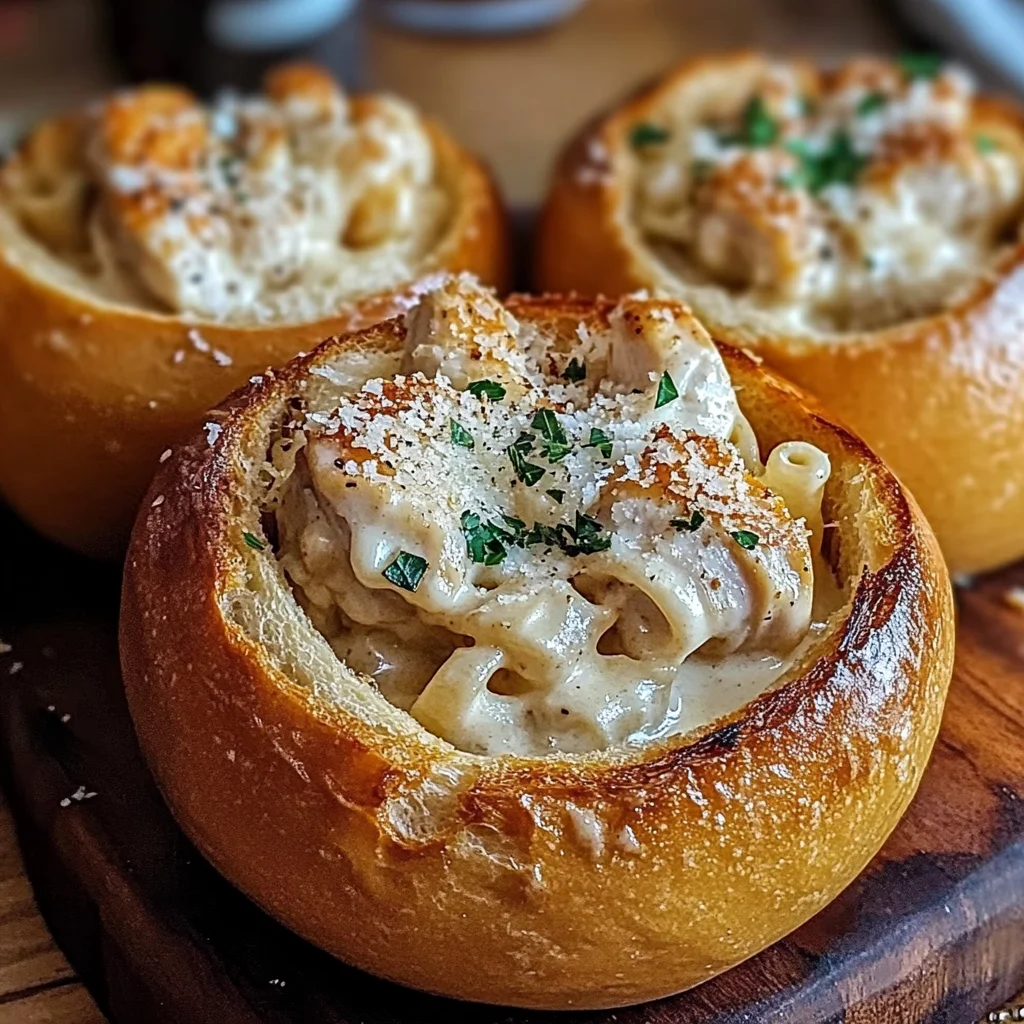 Chicken Alfredo Garlic Bread Bowls