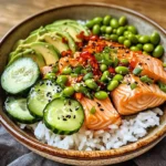 Crispy Rice Salmon Cucumber Salad with Creamy Asian Dressing Delight