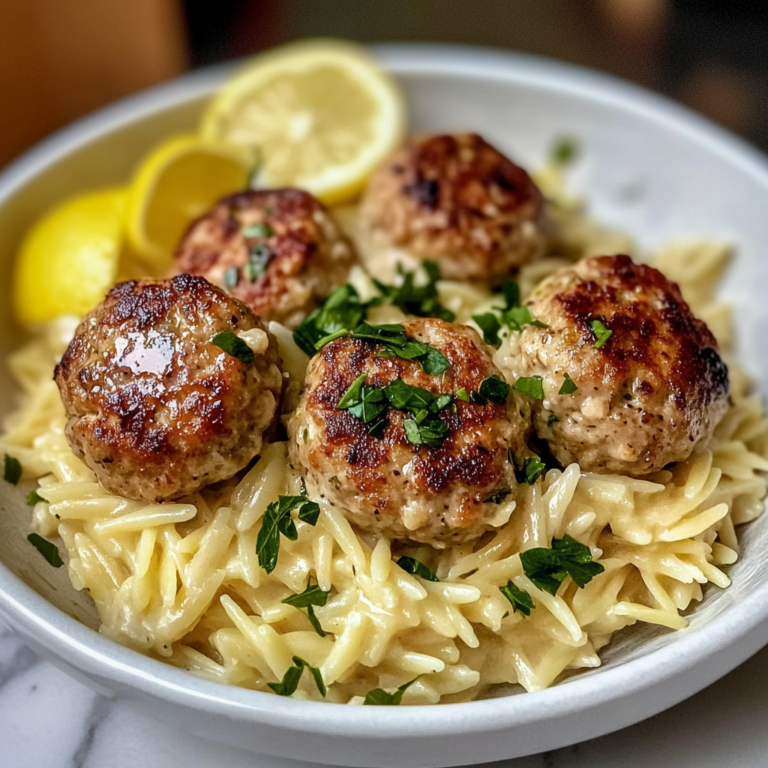 Zesty Lemon Garlic Chicken Meatballs with Creamy Orzo Recipe
