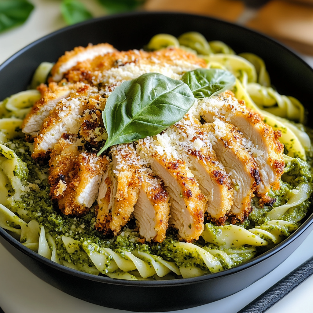 Irresistible Pesto Pasta with Crispy Parmesan Chicken Recipe