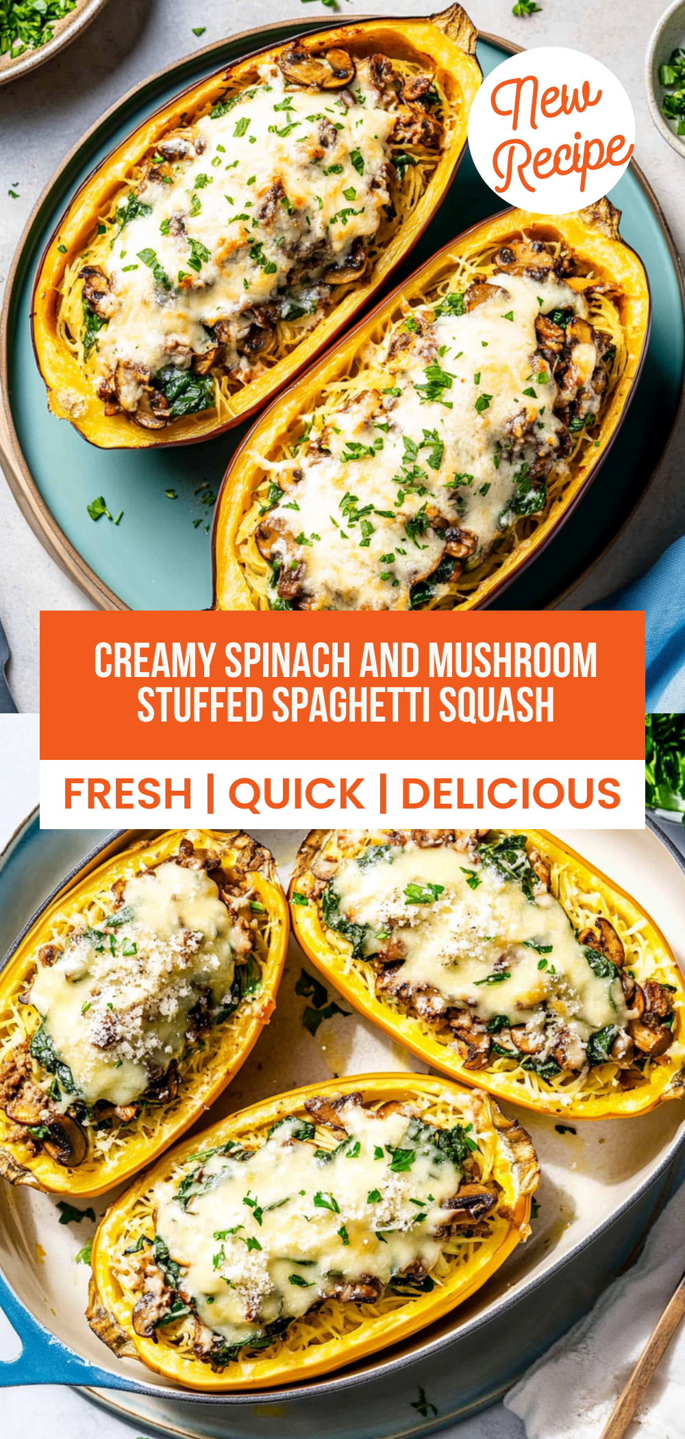 Creamy Spinach and Mushroom Stuffed Spaghetti Squash