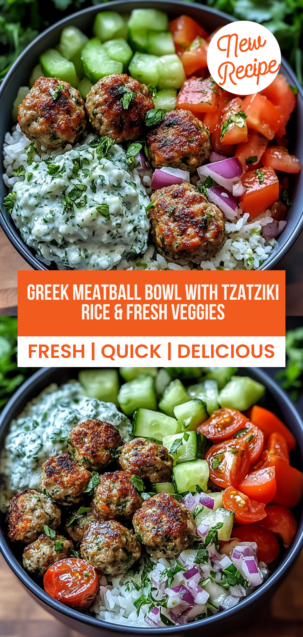 Greek Meatball Bowl with Tzatziki, Rice & Fresh Veggies