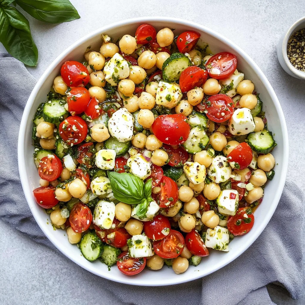 Caprese Chickpea Salad with Roasted Garlic Basil Dressing…
